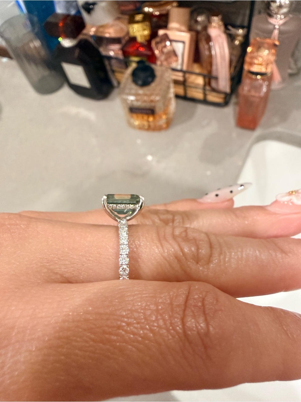 Emerald-Cut Teal Sapphire Ring with Pavé Diamond Band - Picture 3 of 3